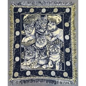Vintage Woven Cat Kittens Throw Blanket Fringe Navy Cream 43x54 Tapestry Cottage